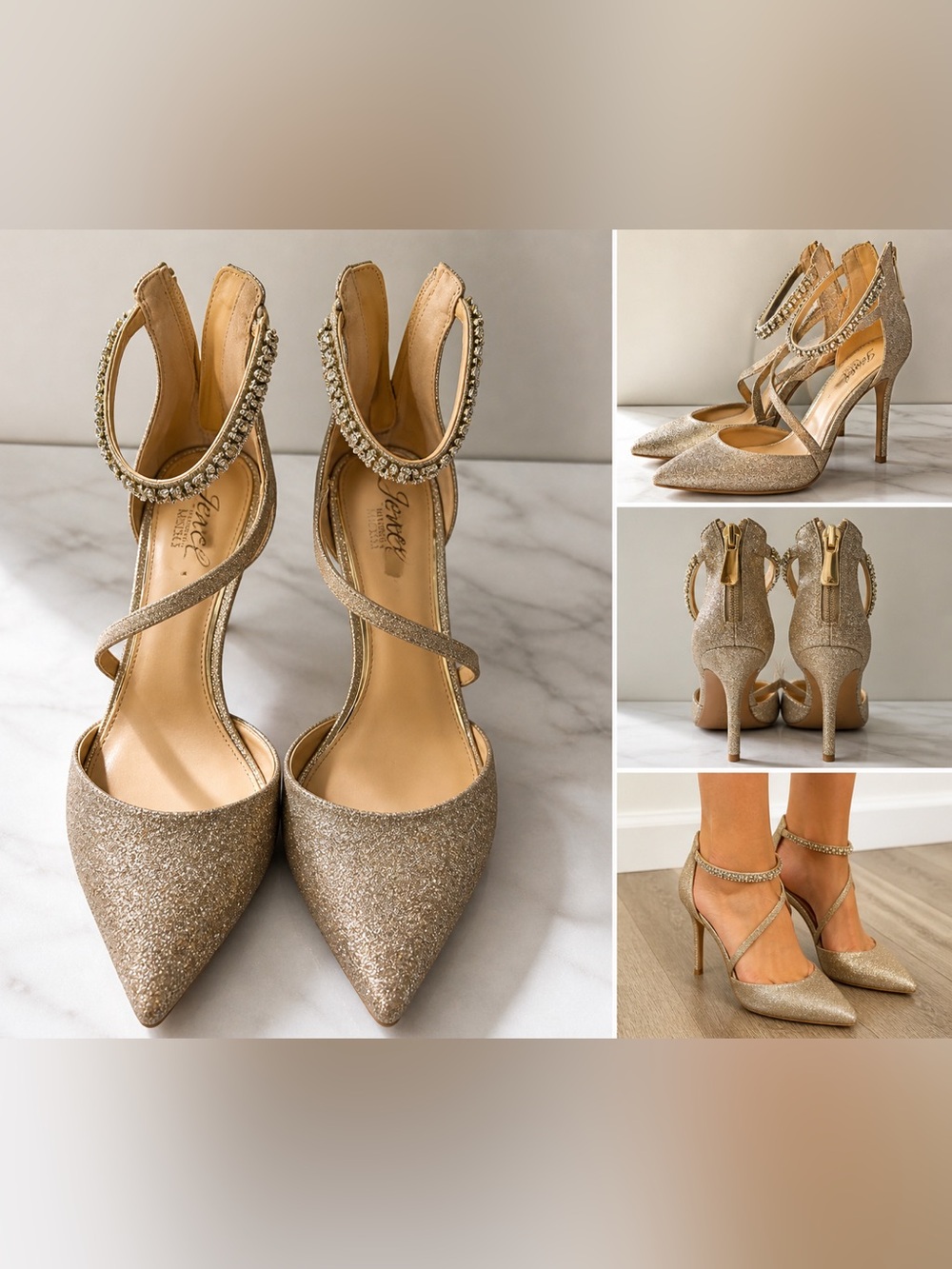 Jewel Badgley Mischka Gold Glitter Heels – Ankle Strap Formal / Wedding